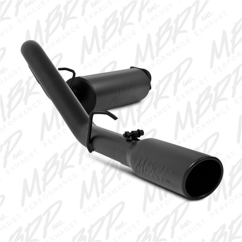 MBRP ARMOR BLK Series cat-back exhaust system with black powder-coated tailpipe and tip for 2000-2006 Jeep Wrangler.