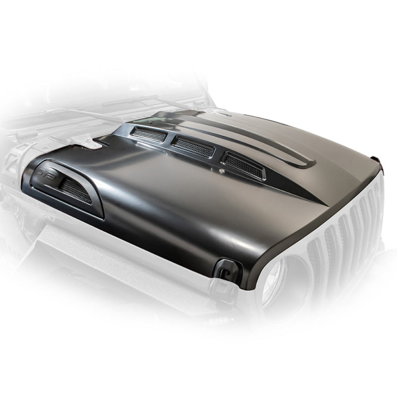 DV8 Offroad stamped steel heat dispersion hood in primer black with integrated side vents