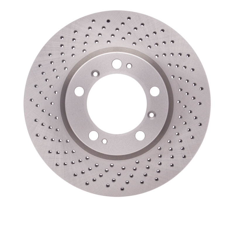 DFC left front drilled brake rotor with G3000 iron construction and CNC-machined holes for Porsche 911, Boxster, and Cayman.