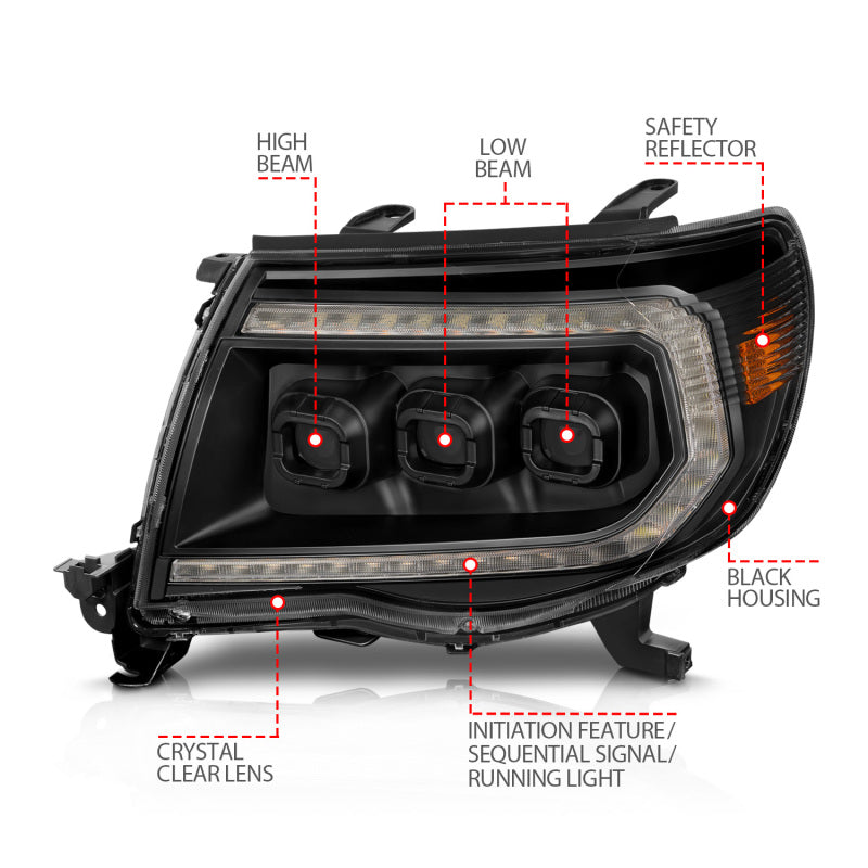 Pair of black ANZO Full LED projector headlights for 2005-2011 Toyota Tacoma featuring white DRL and sequential signals.