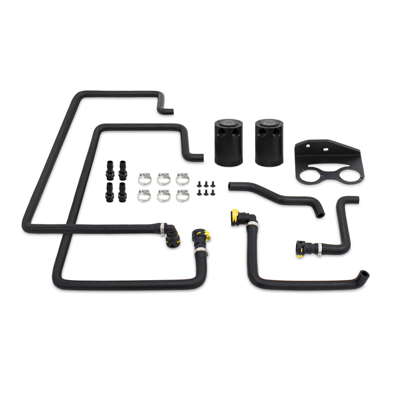 Dual clear-anodized Mishimoto baffled oil catch cans with mounting bracket and quick-disconnect hoses for Ford F-150