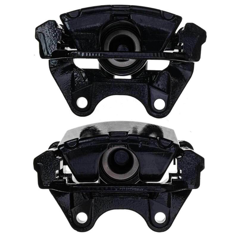 Pair of black powder coated rear brake calipers with mounting brackets and stainless steel hardware