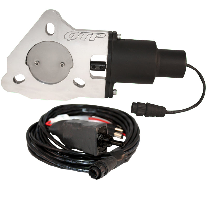 QTP QTEC 2.5-inch aluminum electric exhaust cutout valve with high-torque motor and 3-bolt flange.
