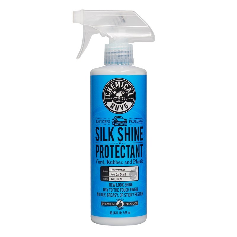 16oz spray bottle of Chemical Guys Silk Shine Sprayable Dressing with a black trigger sprayer.