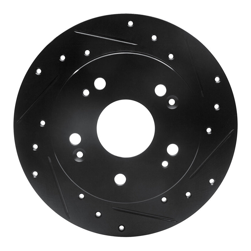 R1 Concepts rear right drilled and slotted brake rotor with a black protective coating and silver friction surface.
