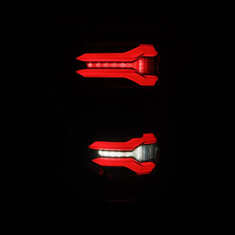 AlphaRex LUXX-Series Alpha Black LED taillights with clear lenses and black housings for 2024-2025 Ford F-150.