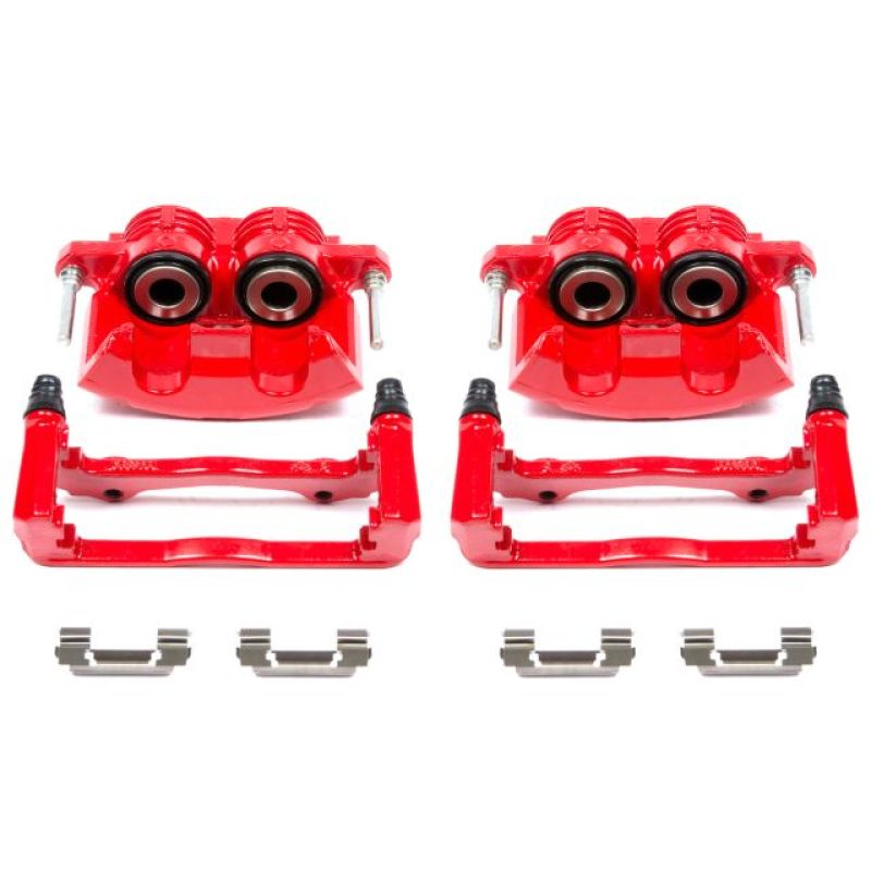 A pair of Power Stop S4692 front brake calipers in red powder coat with mounting brackets and hardware.