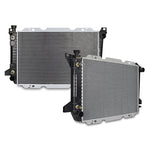 Mishimoto replacement radiator for 1985-1997 Ford trucks featuring an aluminum core and plastic end tanks.