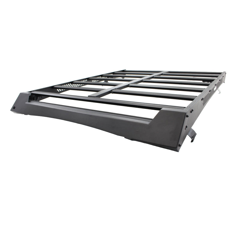 Go Rhino Ceros low profile textured black aluminum roof rack with 4-CORE crossbars and front light bar fairing.
