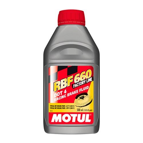 500ml bottle of Motul RBF 660 Factory Line Racing Brake Fluid DOT 4 with gold and white label