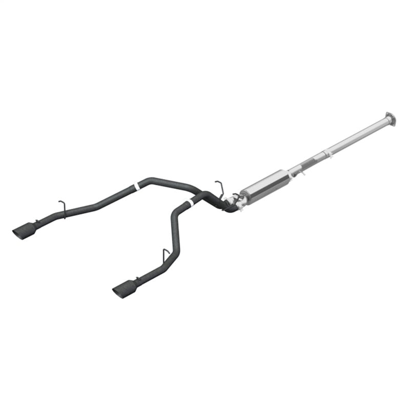MBRP Armor BLK Series 2.5-inch cat-back exhaust system with black powder-coated dual tailpipes and 4.5-inch tips.