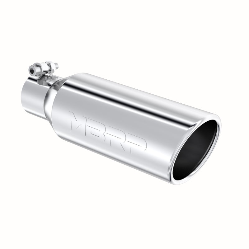 MBRP mirror polished T304 stainless steel exhaust tip with 4-inch angled rolled outlet and 2.5-inch inlet.