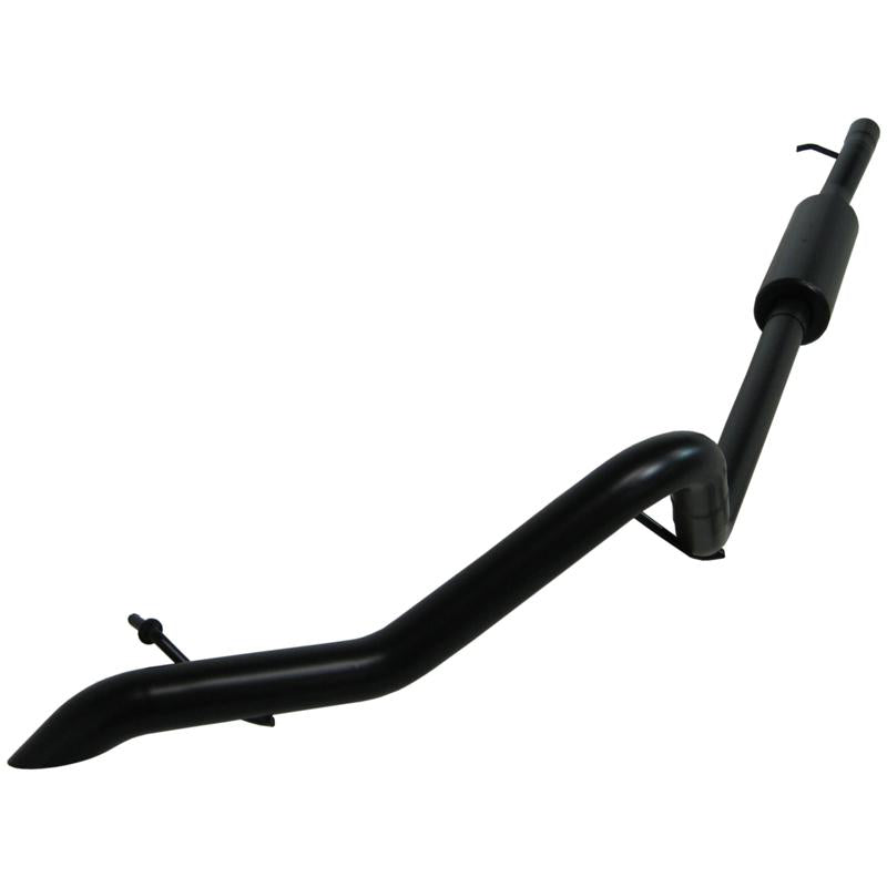 MBRP ARMOR BLK Series off-road high-clearance muffler with black powder-coated tailpipe and tip for Jeep Wrangler JK.