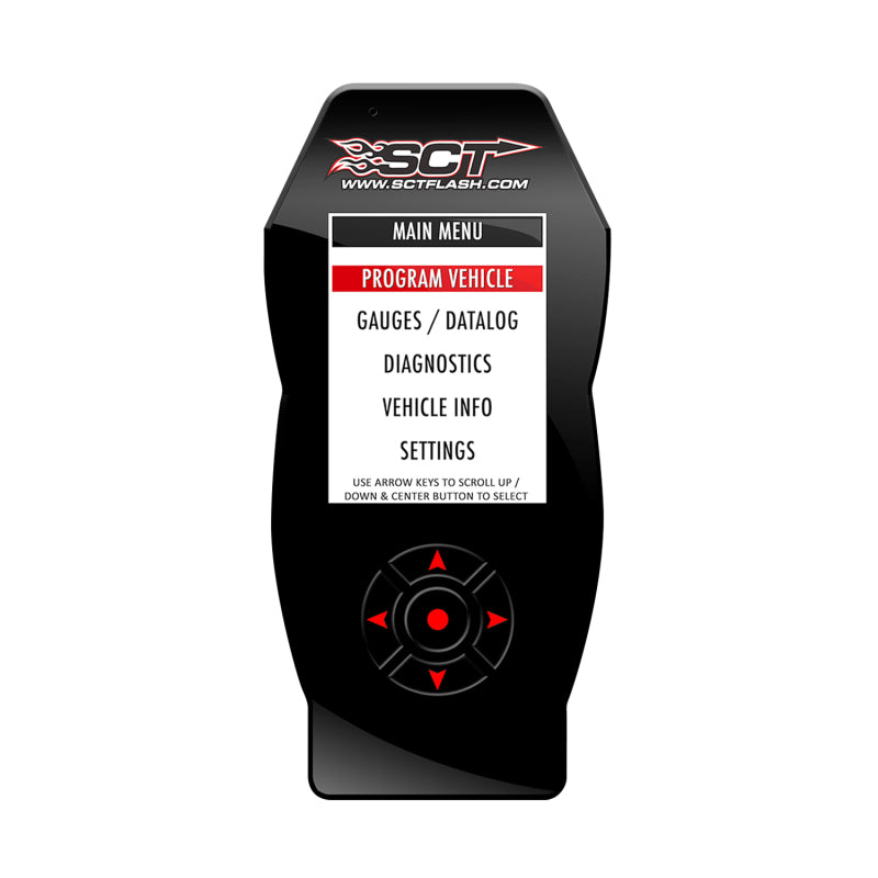 SCT X4 Power Flash handheld performance programmer with color LCD screen and tactile buttons.