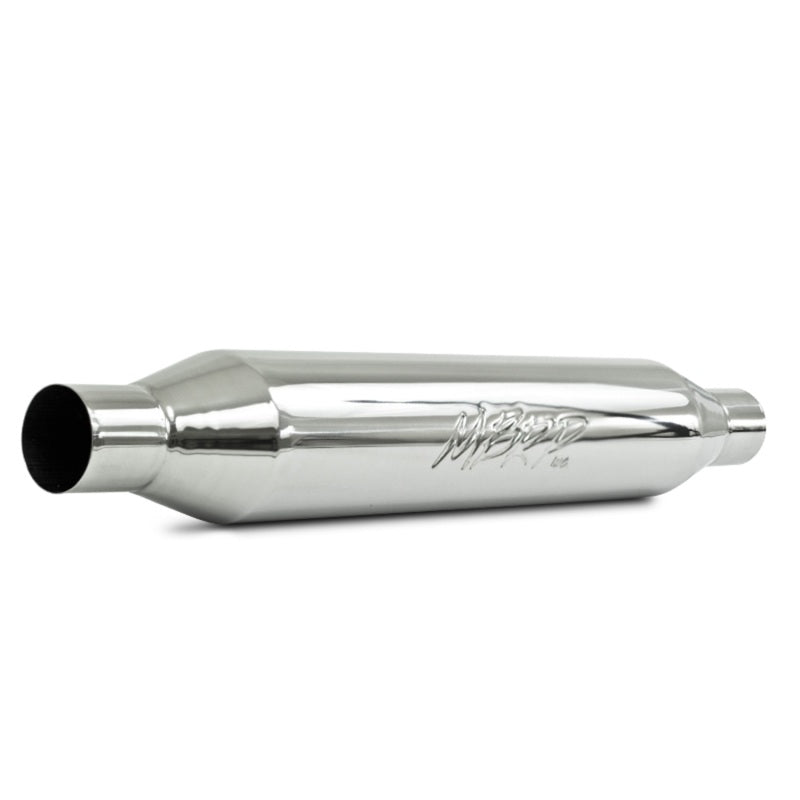 MBRP T304 stainless steel universal exhaust resonator with a 2.25-inch inlet and outlet and a 22-inch body length.