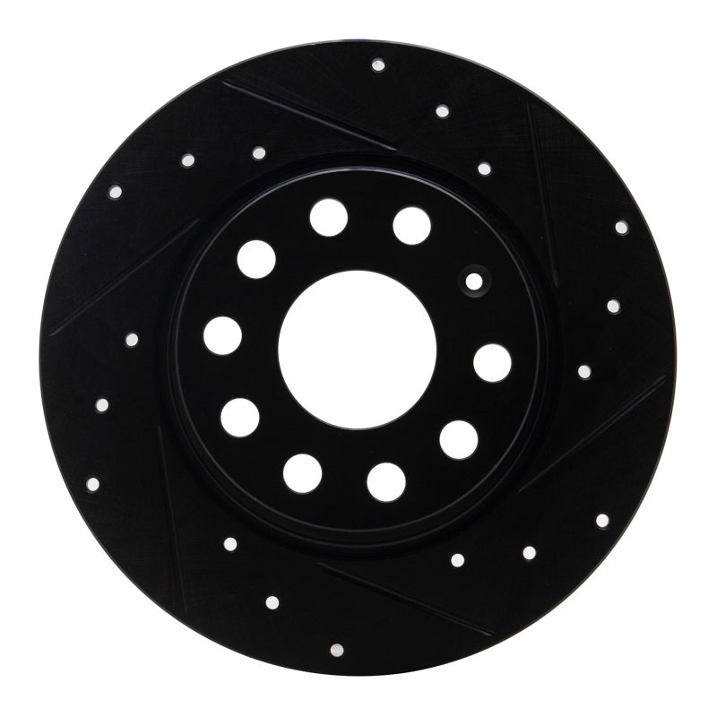 Rear right black-coated drilled and slotted brake rotor for Audi and Volkswagen vehicles.