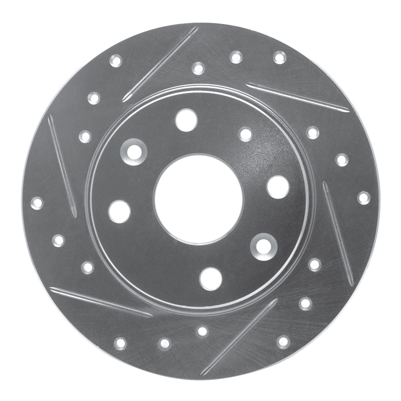Silver zinc plated rear left drilled and slotted performance brake rotor for 1990-1993 Mazda Miata.