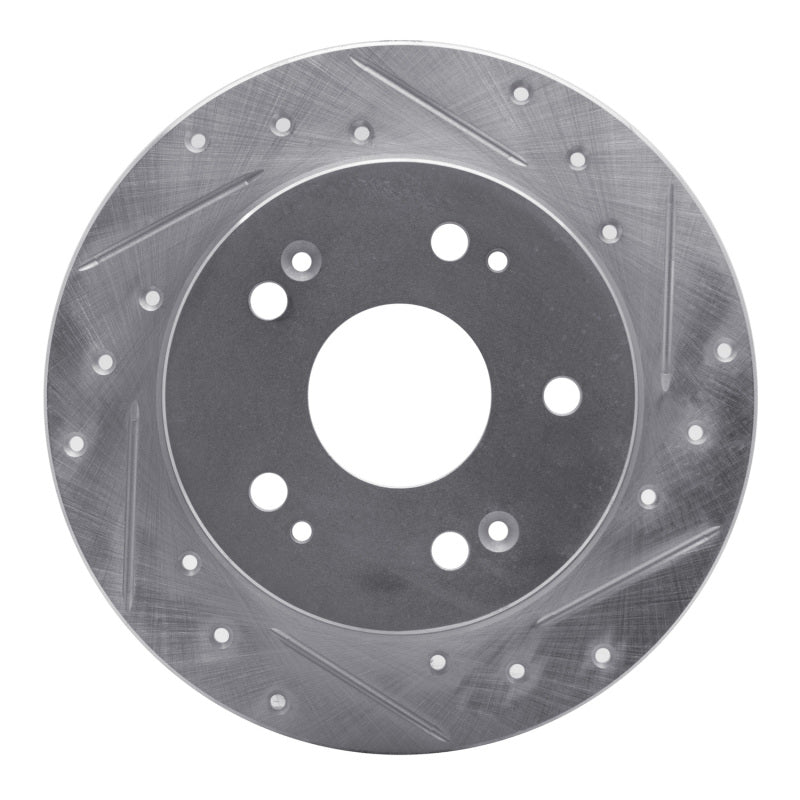 R1 Concepts silver rear right drilled and slotted brake rotor for select 1997-2015 Acura and Honda vehicles