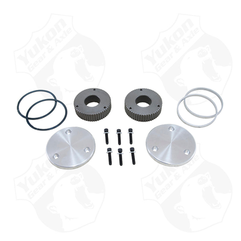 Yukon Gear Hardcore drive flange kit including two 19-spline flanges, engraved caps, and mounting hardware.