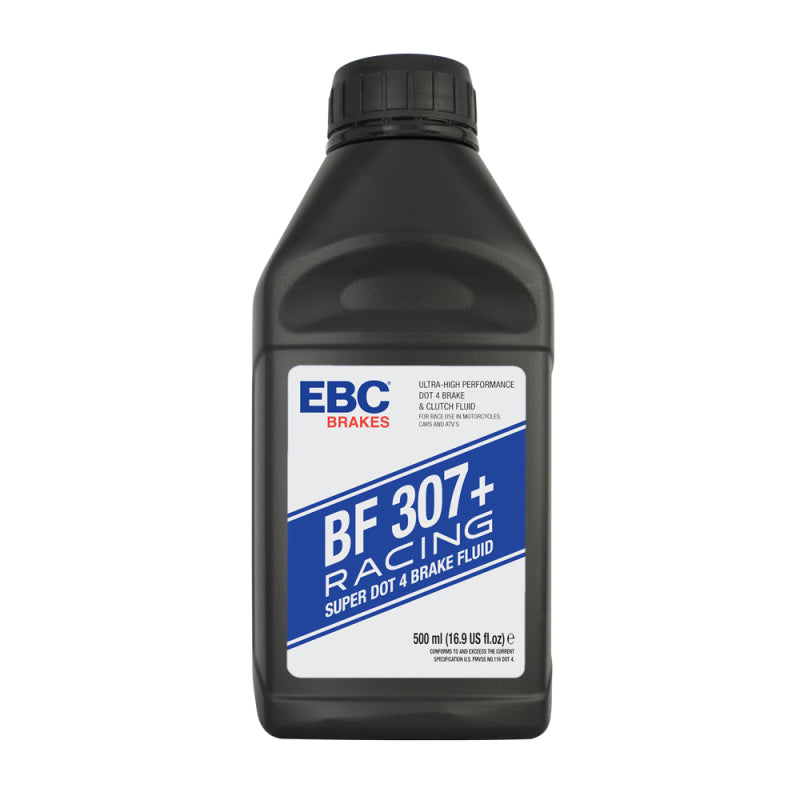 One liter bottle of EBC Racing DOT 4 brake fluid with 310C dry boiling point specifications.