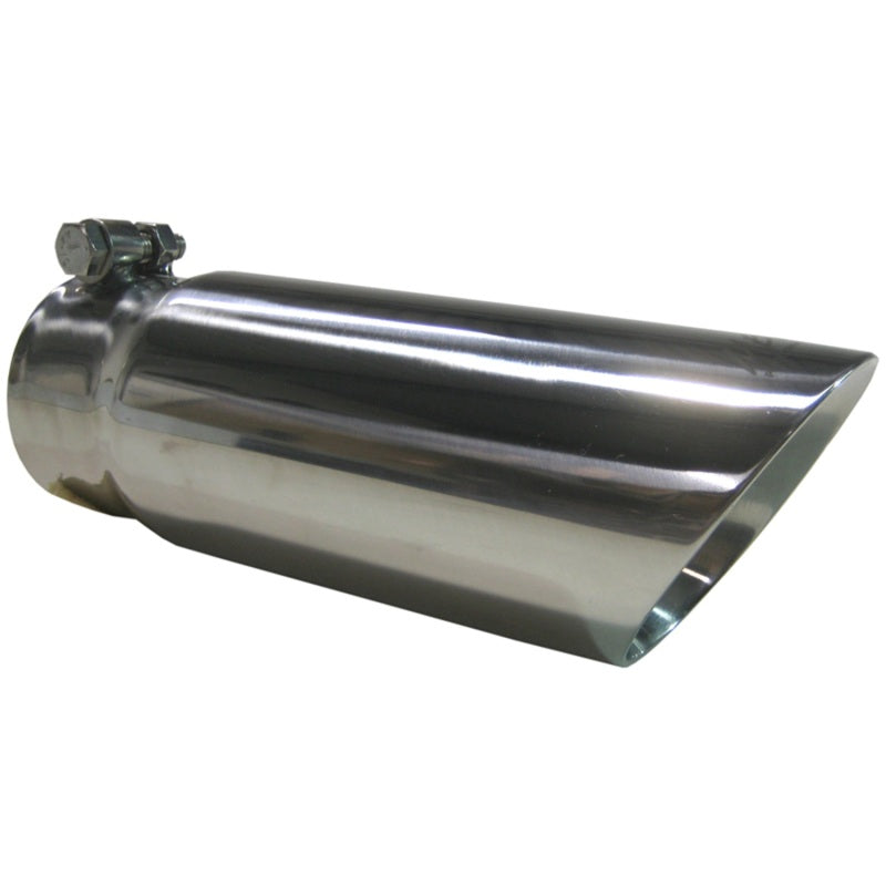 MBRP mirror polished T304 stainless steel exhaust tip featuring a 3-inch inlet, dual wall construction, and angled end.