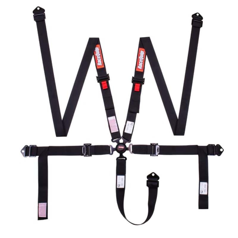 RaceQuip black 5-point 2-inch racing harness set with aluminum camlock buckle and pull-down lap belts.