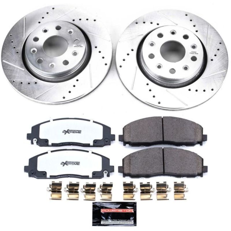 Power Stop Z36 front brake kit featuring two silver zinc-plated drilled and slotted rotors and four Z36 brake pads.