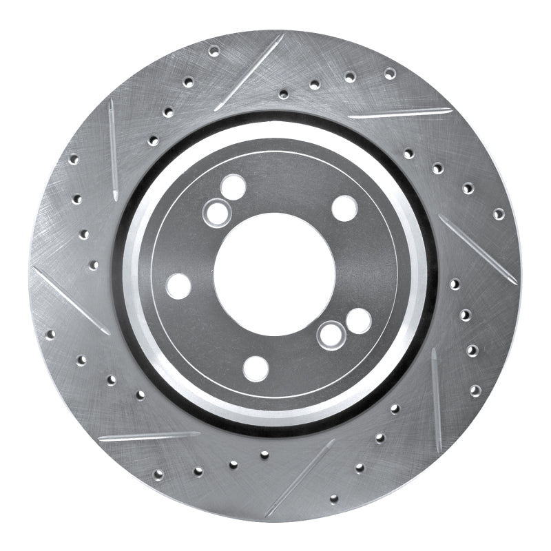 Silver zinc plated drilled and slotted rear left brake rotor for 2000-2006 BMW M3 and M5 models.