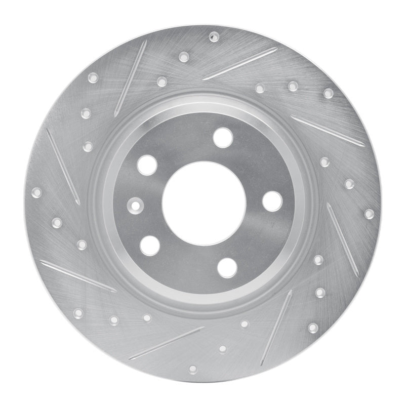 Silver zinc plated drilled and slotted rear left performance brake rotor for Audi vehicles