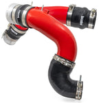 Red powder-coated 3.5-inch aluminized steel boost tubes with 5-ply silicone couplers and billet adapters.