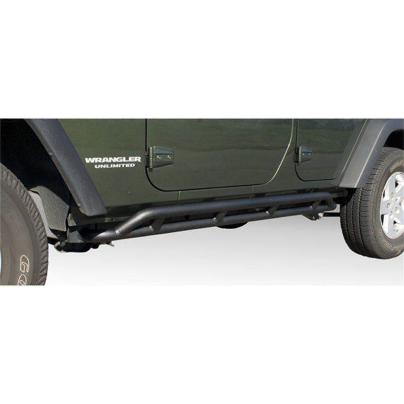 Black Rugged Ridge RRC Rocker Guards with side hoops for 2007-2018 Jeep Wrangler JK 4-door models.