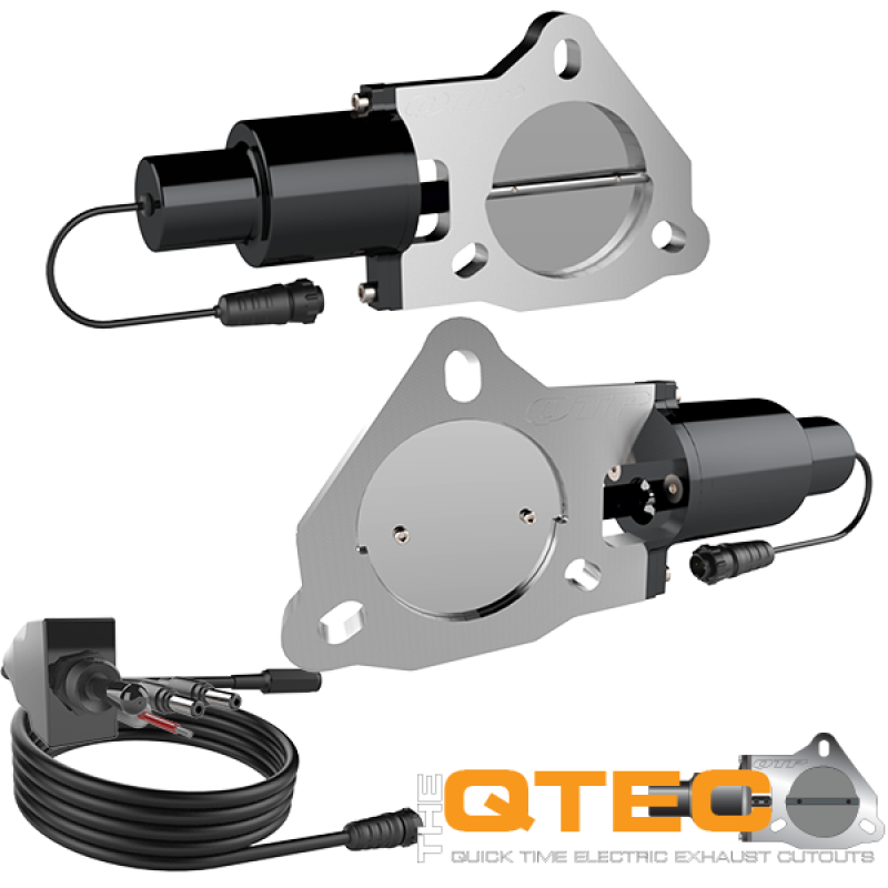 Pair of QTP 3-inch QTEC electric exhaust cutout valves with 3-bolt mounting flanges and electric drive motors.