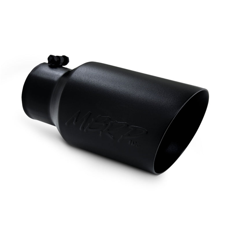 MBRP black T304 stainless steel exhaust tip with 6-inch OD, 4-inch inlet, and dual-wall angled cut