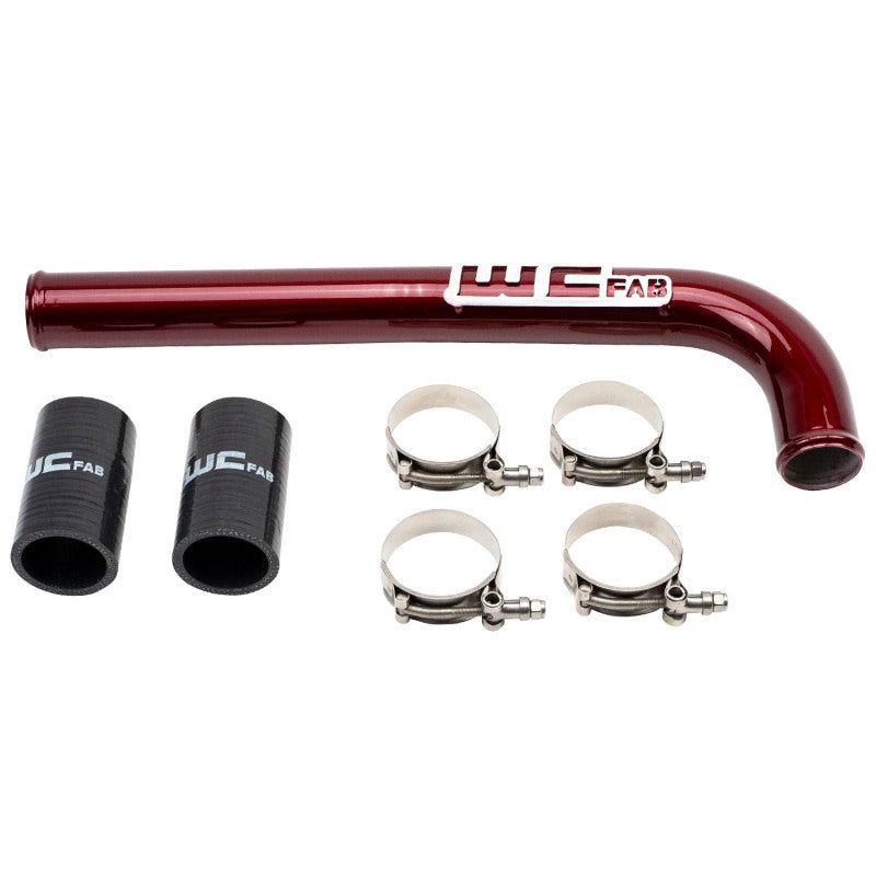 WCFab Red powder-coated aluminum upper coolant pipe with black silicone boots and stainless steel T-bolt clamps.