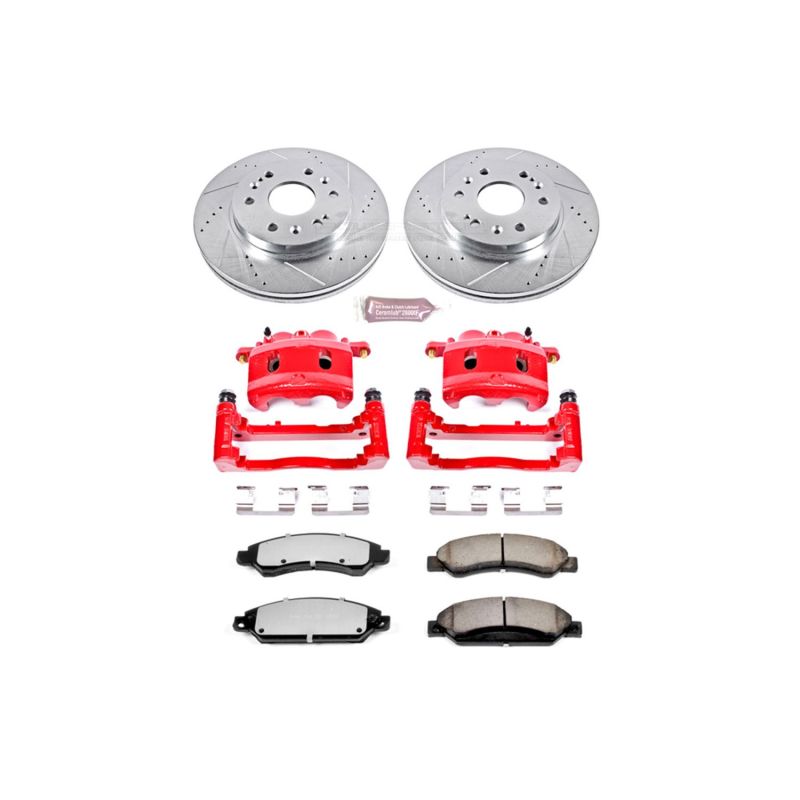 Power Stop Z36 front brake kit with red powder-coated calipers, drilled and slotted rotors, and carbon-fiber ceramic pads.