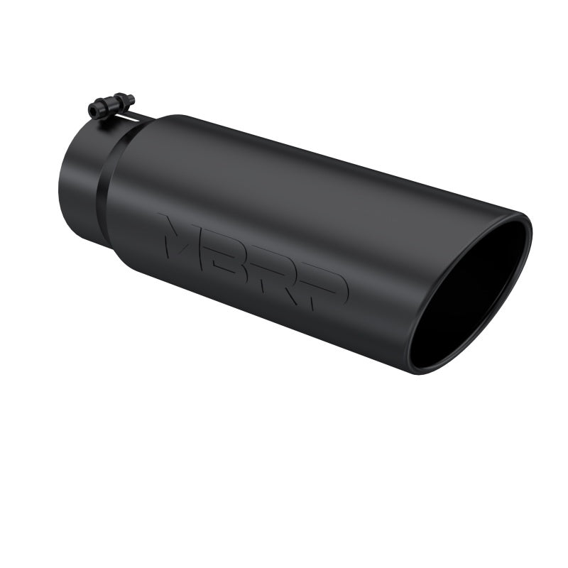 MBRP black T304 stainless steel exhaust tip with 5-inch inlet, 6-inch angled rolled outlet, and 18-inch length