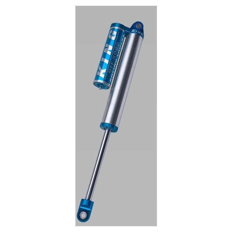 King Shocks 2.5 Performance Race 16-inch coilover with blue anodized hardware and hose-connected remote reservoir.