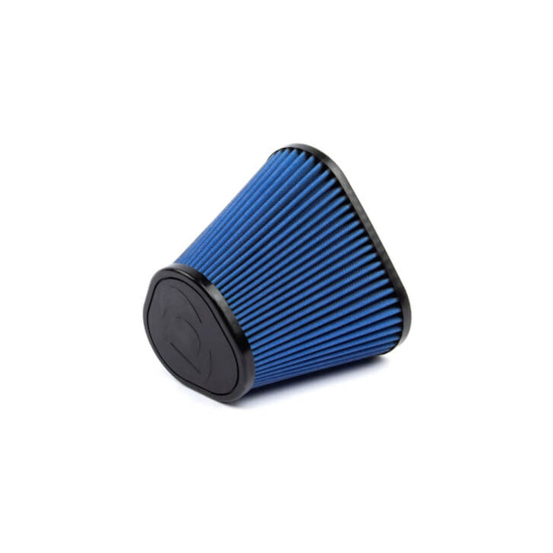 Dinan high-flow replacement air filter with multi-layered cotton media and steel wire mesh reinforcement.