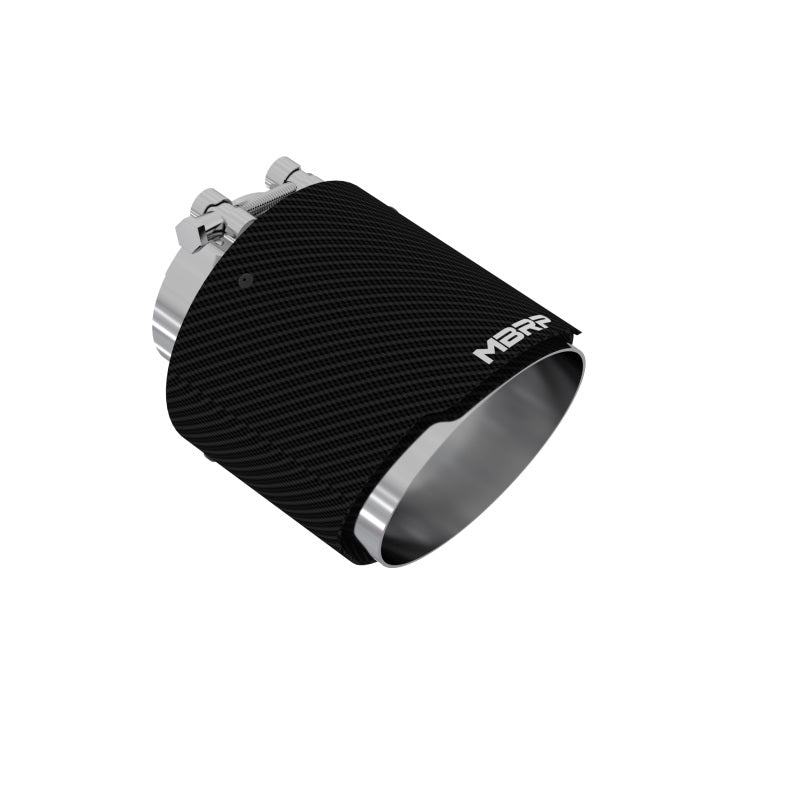 MBRP dual-wall carbon fiber exhaust tip with 3-inch inlet and 5-inch angle-cut outlet.