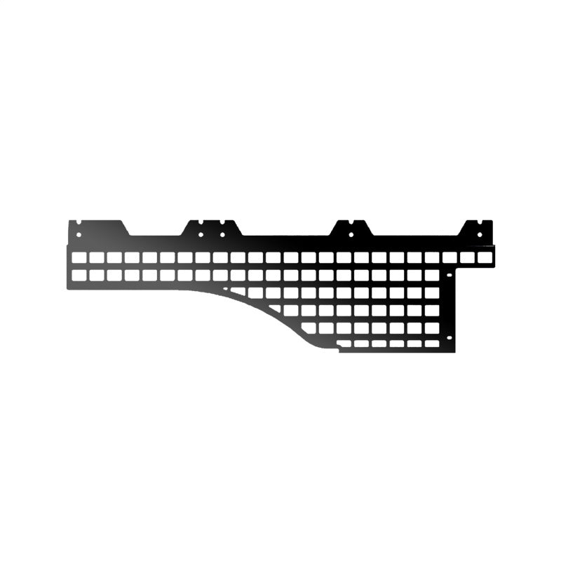 Black mini-textured powder-coated aluminum Molle storage panel for the driver side bed of a Nissan Frontier.