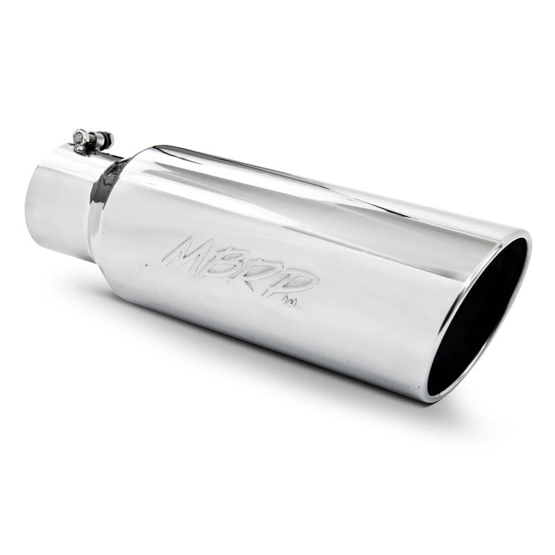 Mirror polished MBRP T304 stainless steel exhaust tip with a 6-inch rolled end and 4-inch inlet.