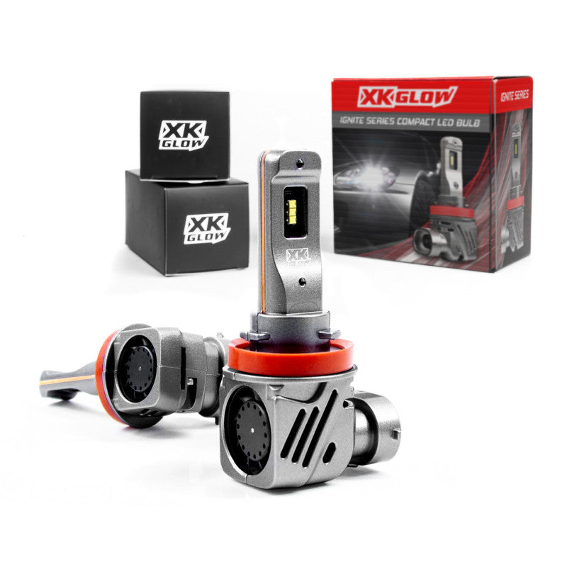 Pair of XK Glow IGNITE Series HB3 9005 LED headlight bulbs with compact heat sinks and plug-and-play wiring connectors.