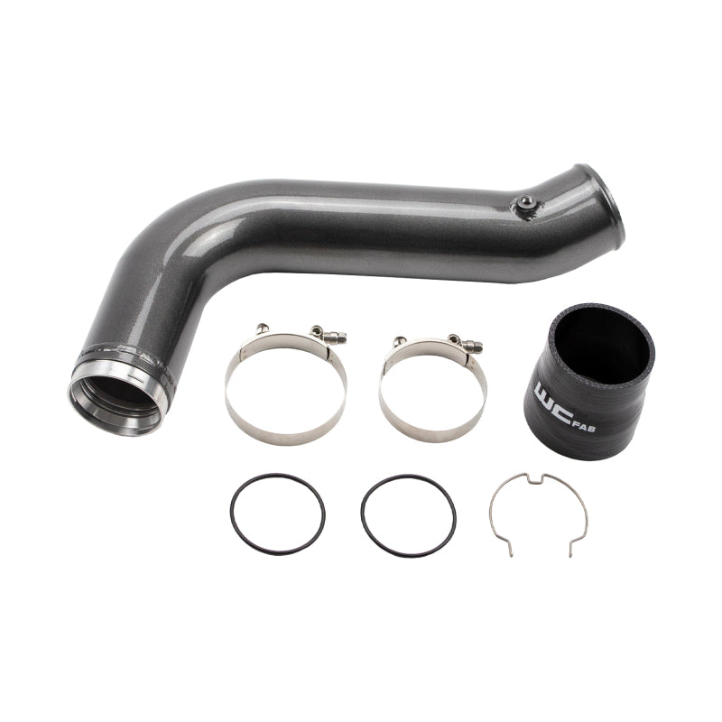 Gloss white 3.5 inch aluminum intercooler pipe with CNC machined flange and silicone boot for 6.6L L5P Duramax.