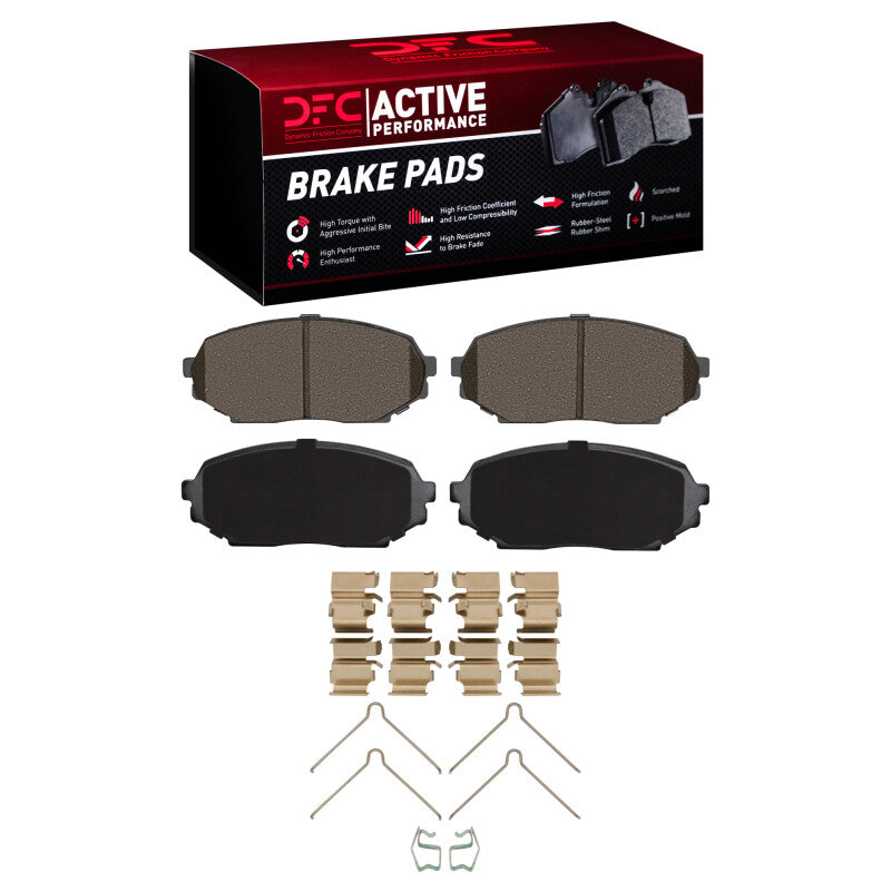DFC Active Performance front brake pad set with included stainless steel installation hardware kit.