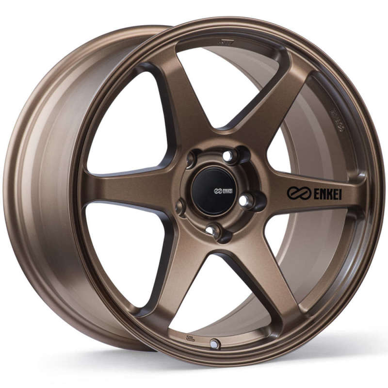 Enkei T6R six-spoke 17x8 wheel in matte bronze finish with a 5x100 bolt pattern and recessed center hub.