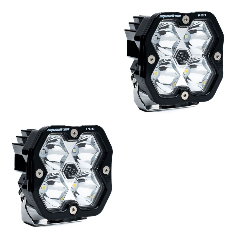 Pair of Baja Designs Squadron 2.0 Pro LED spot lights in black square housings