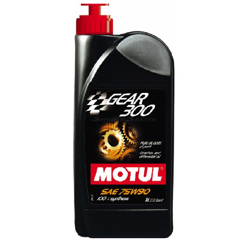 One liter bottle of Motul Gear 300 75W-90 synthetic ester transmission and differential oil.