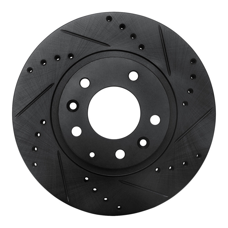R1 Concepts 633-80047R black drilled and slotted front right brake rotor for 2006-2015 Mazda MX-5 Miata.