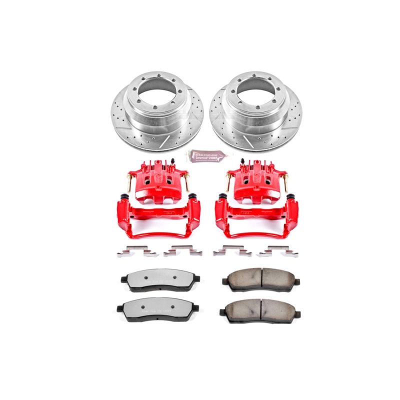 Power Stop Z36 rear brake kit with red powder coated calipers, drilled and slotted rotors, and carbon-fiber ceramic pads.