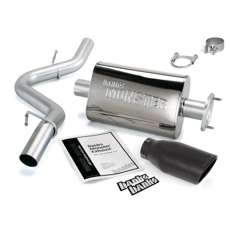 Banks Power Monster Exhaust System with 2.5 inch stainless steel piping and a Cerakote black tip for Jeep Wrangler.